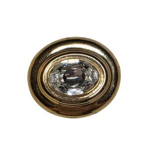 Gold Tone Oval Brooch With Clear Faceted Glass Centerpiece & Textured Back 1.5 I